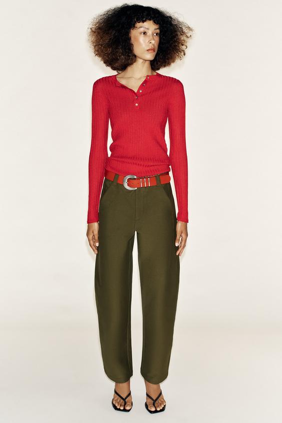 Zara HENLEY BUTTON T-SHIRT - Red - Image 0