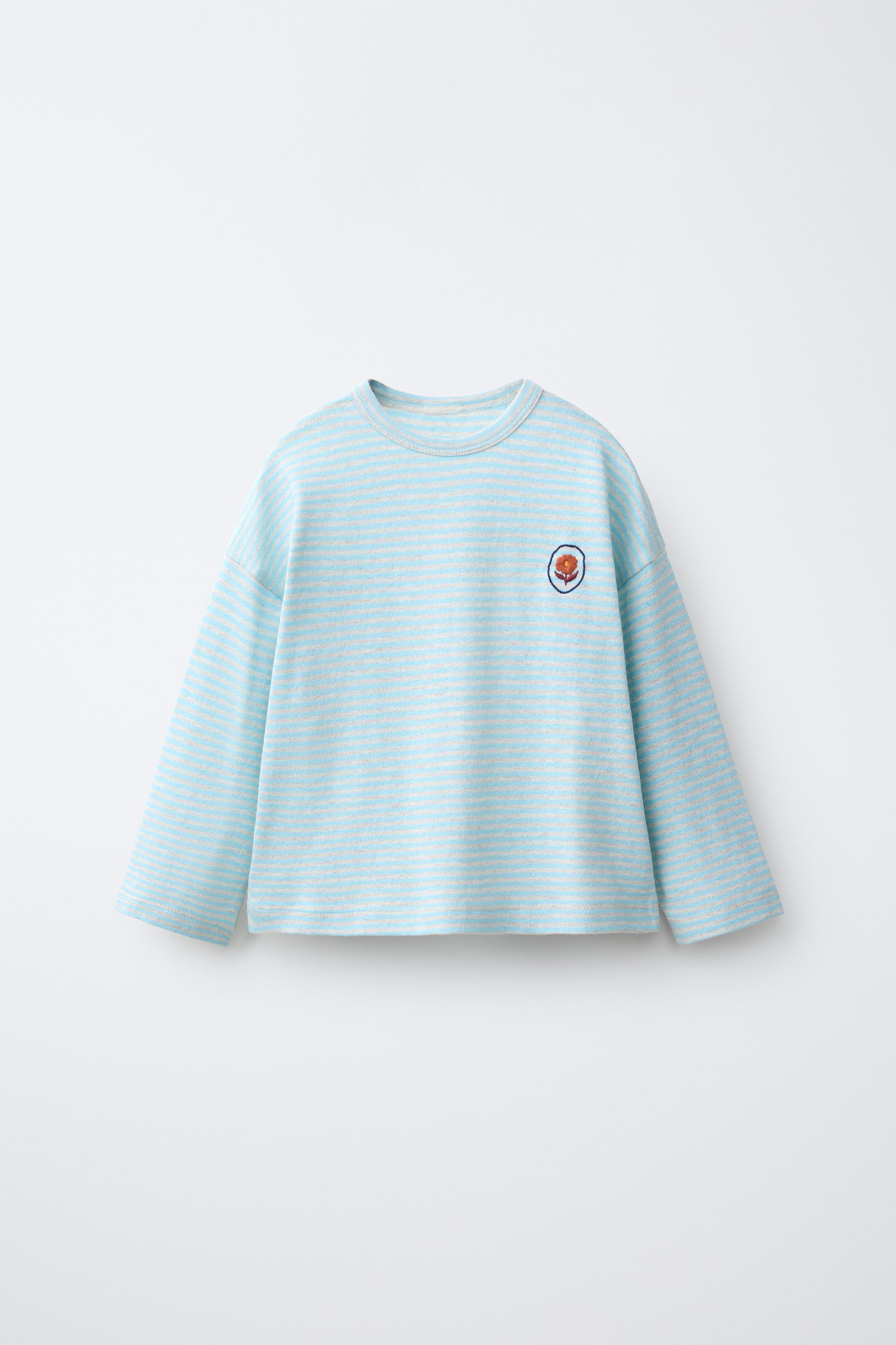 EMBROIDERED WOVEN STRIPE T-SHIRT — Blue