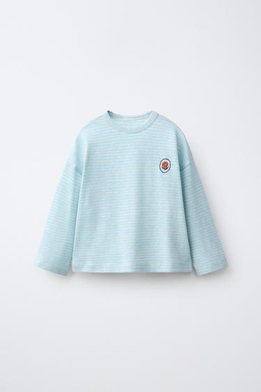 T-SHIRT BRODÉ À RAYURES TISSÉES - Bleu de Zara