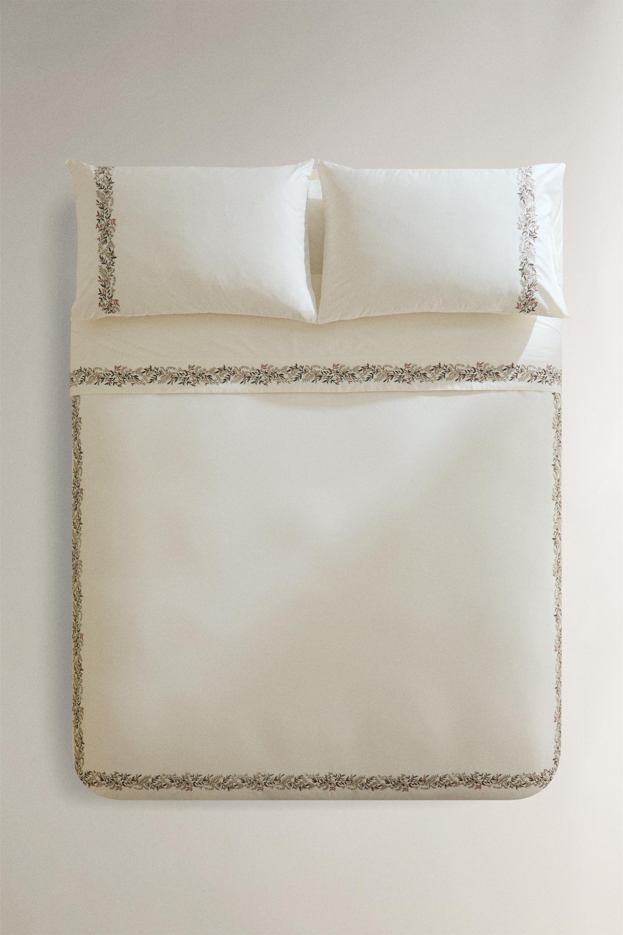 SATEEN DUVET COVER WITH EMBROIDERED LEAVES