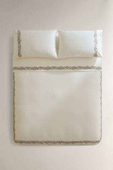 SATEEN DUVET COVER WITH EMBROIDERED LEAVES - Green by Zara