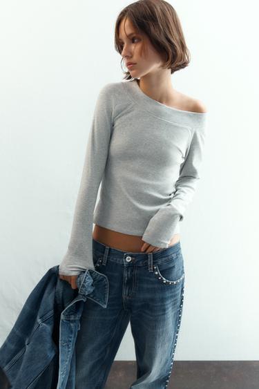 تيشرت RIB بياقة زورق - رمادي فيجوريه by Zara