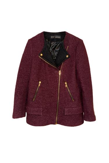 Burgundy jacket with a gold zip and front pockets. Black interior with a "Zara Basic" label. White background.
