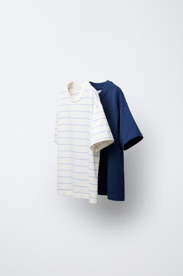 PACK DOS CAMISETAS LISA Y RAYAS - Celeste de Zara