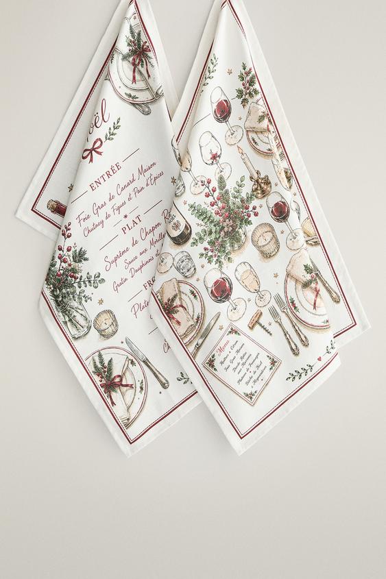 Zara COTTON CHRISTMAS MENU KITCHEN TOWEL (PACK OF 2) - Red - Image 0
