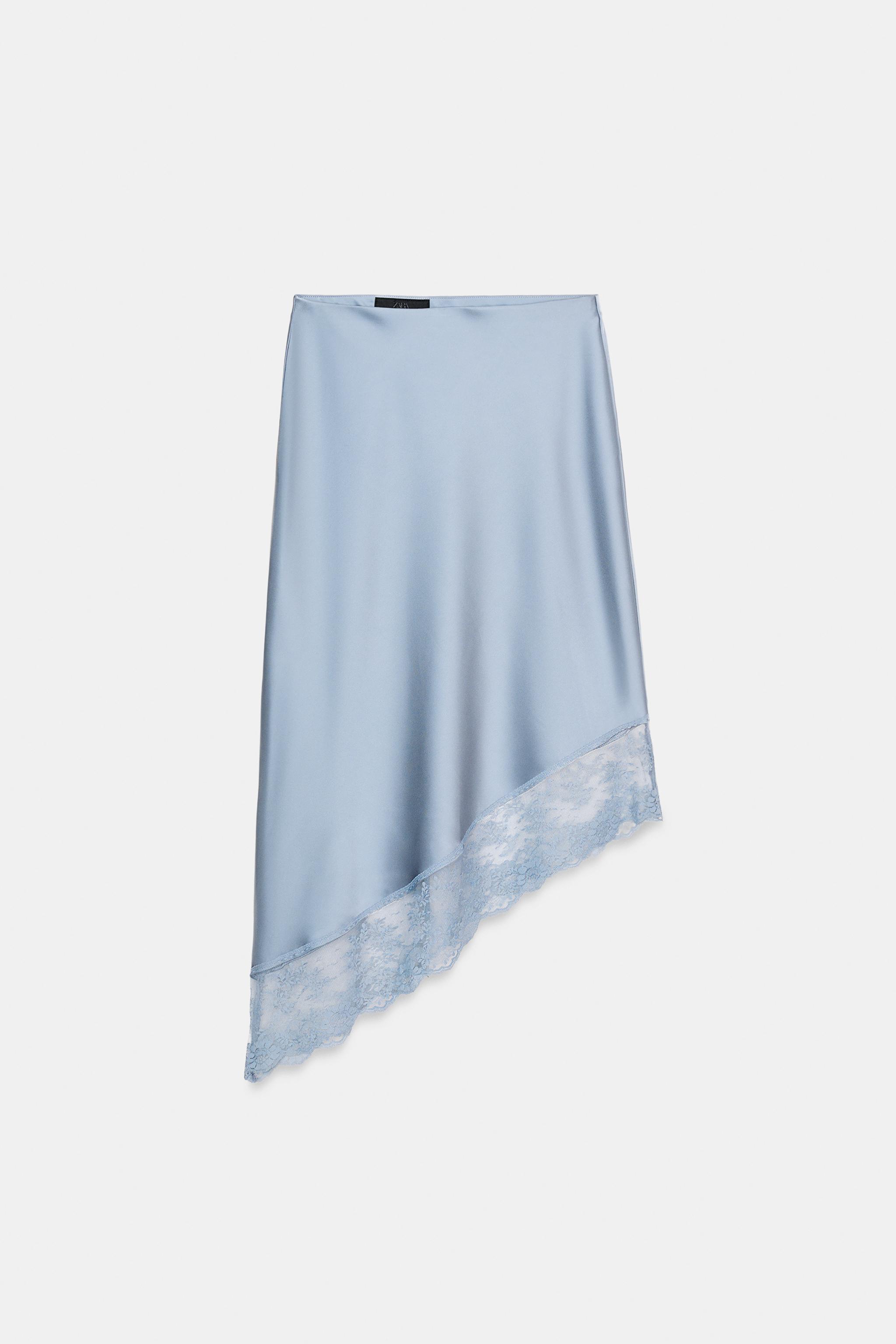 JUPE MI-LONGUE SATINÉE AVEC BAS ASYMÉTRIQUE EN DENTELLE