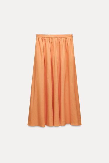 LINEN BLEND MIDI SKIRT - Orange by Zara - Image 5