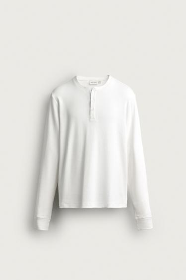 Zara COTTON-LINEN HENLEY T-SHIRT - White