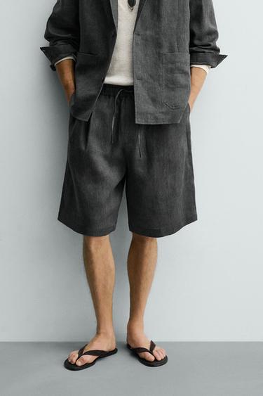 PLEATED 100% LINEN BERMUDA SHORTS - Charcoal grey by Zara