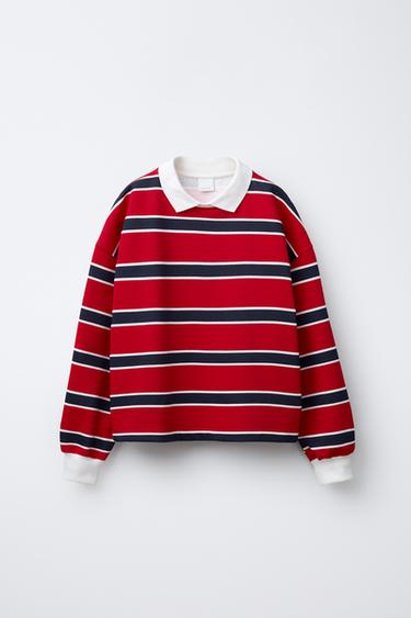 Zara STRIPED POLO COLLAR SWEATSHIRT - Red / Navy