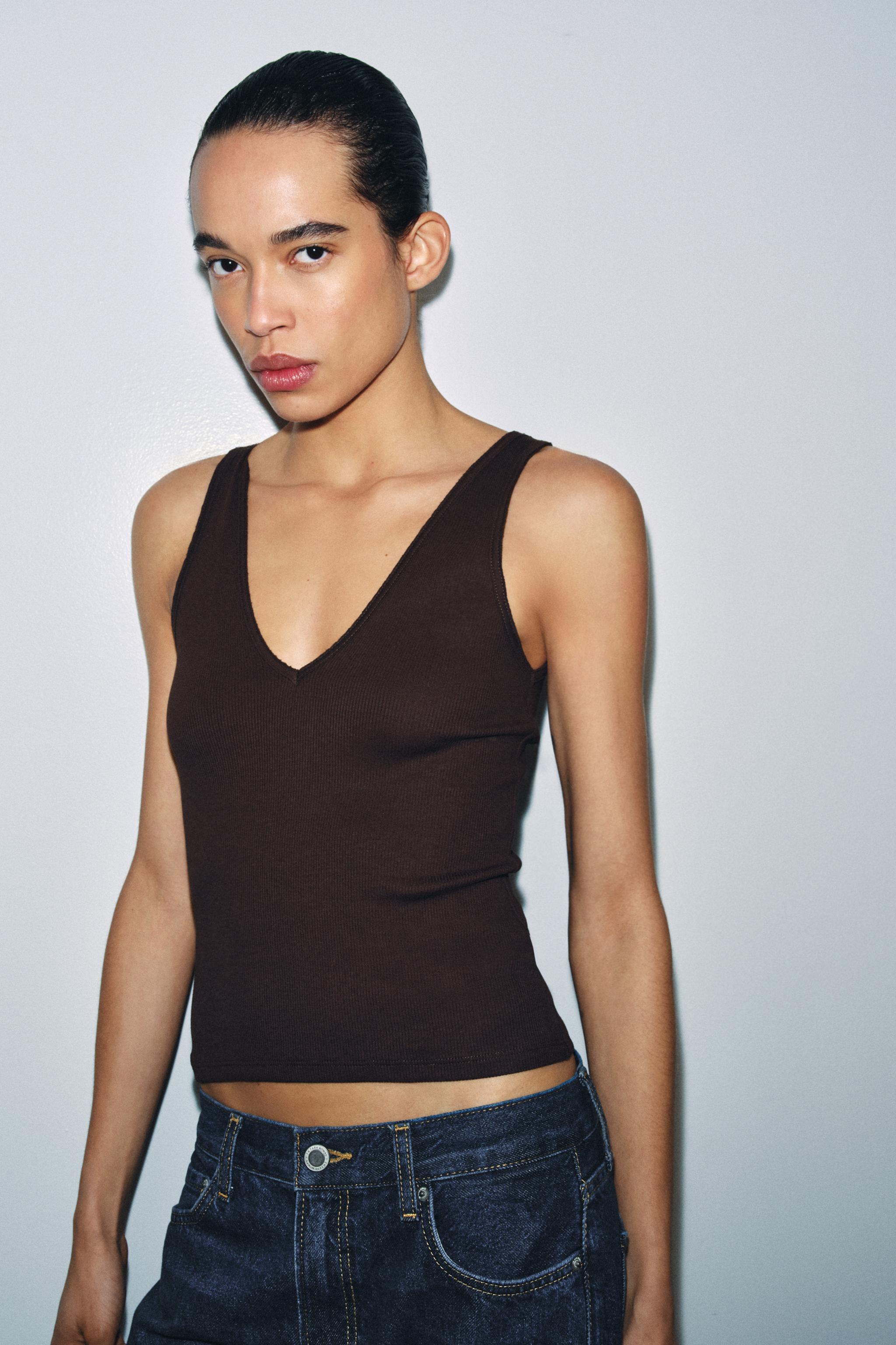 RIBBED V-NECK TANK TOP — Brown