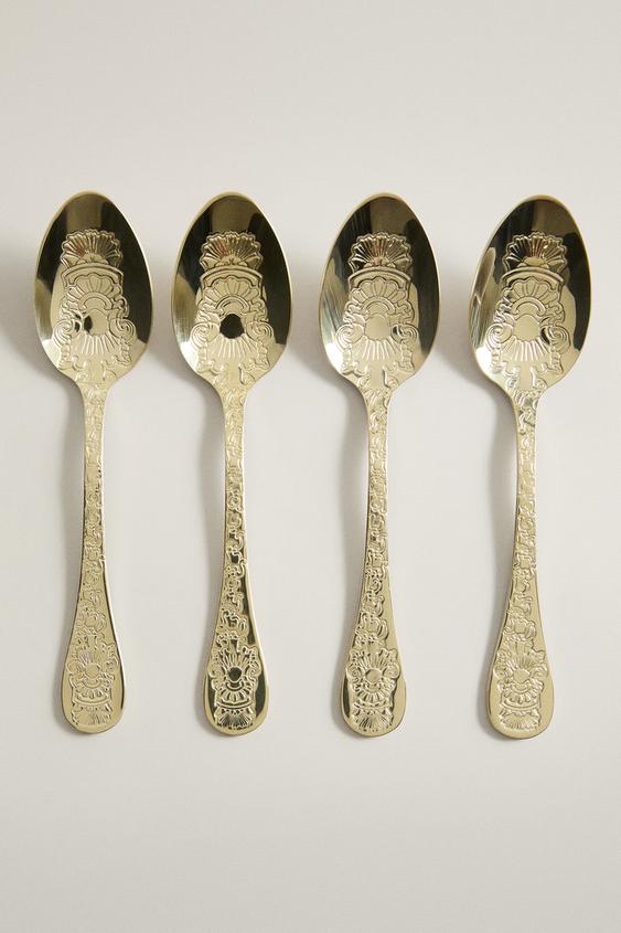 PACK OF 4 ENGRAVED STEEL DESSERT SPOONS - Cava by Zara - Image 0