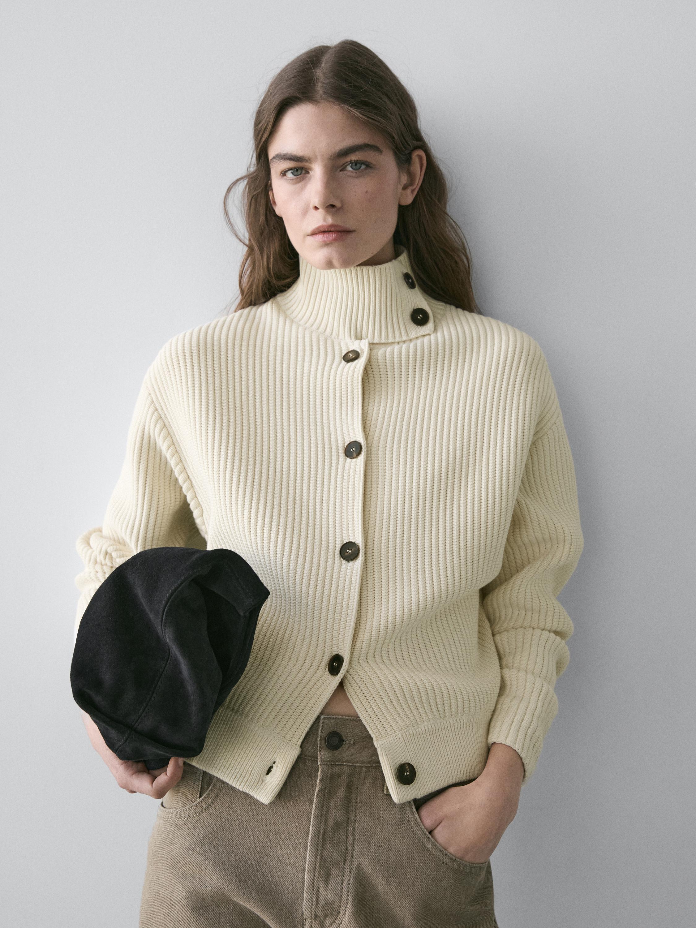 Cotton high neck knit cardigan