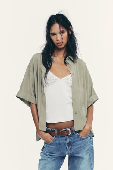 Zara FLOWY SHORT SLEEVE SHIRT - Khaki