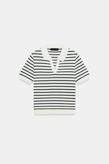 ストライプ半袖ニットポロシャツストライプZaraのストライプ半袖ニットポロシャツ - ストライプ 