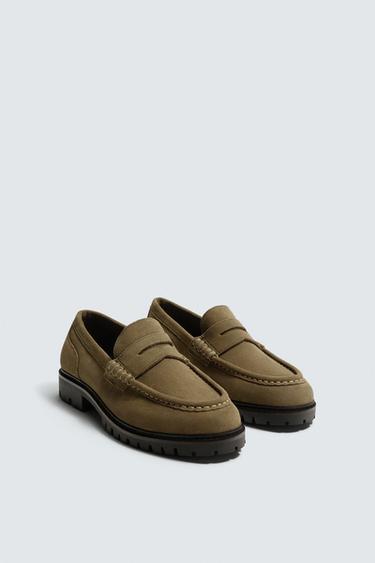 LEATHER PENNY LOAFERS WITH TRACK SOLE - Beige by Zara