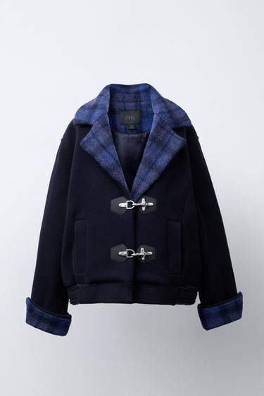 ABRIGO COMBINADO CUADROS CON LANA - Marino oscuro de Zara