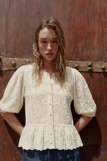 РОМАНТИЧНЫЙ КАРДИГАН С КОМБИНИРОВАННЫМИ ДЕТАЛЯМИ — ЭКРЮ от Zara