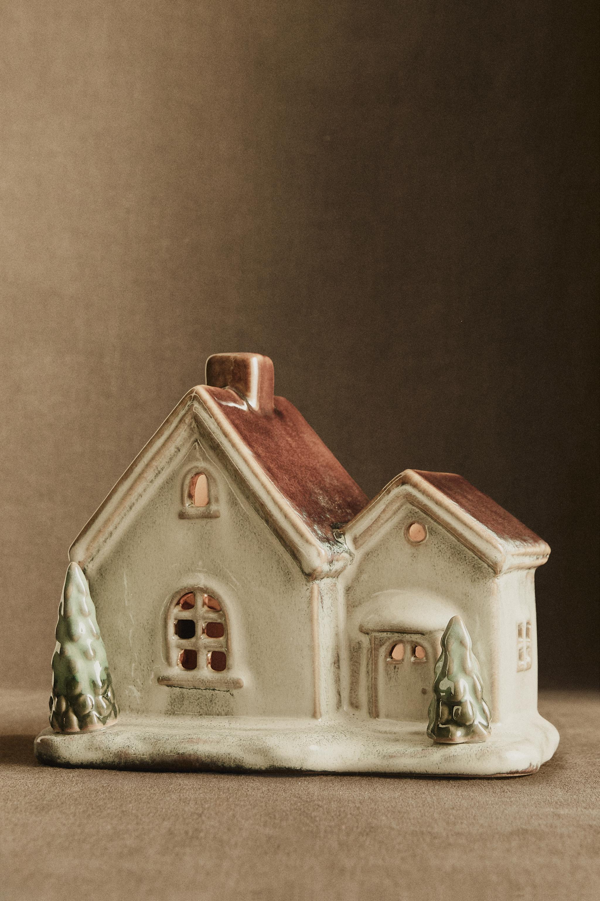 LIGHT-UP PORCELAIN HOUSE WITH PINE TREES CHRISTMAS ORNAMENT