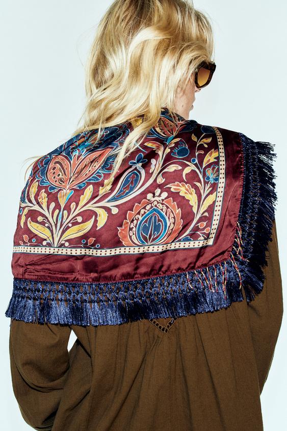 PRINTED FRINGED BEAD SCARF - Burgundy by Zara - Image 0