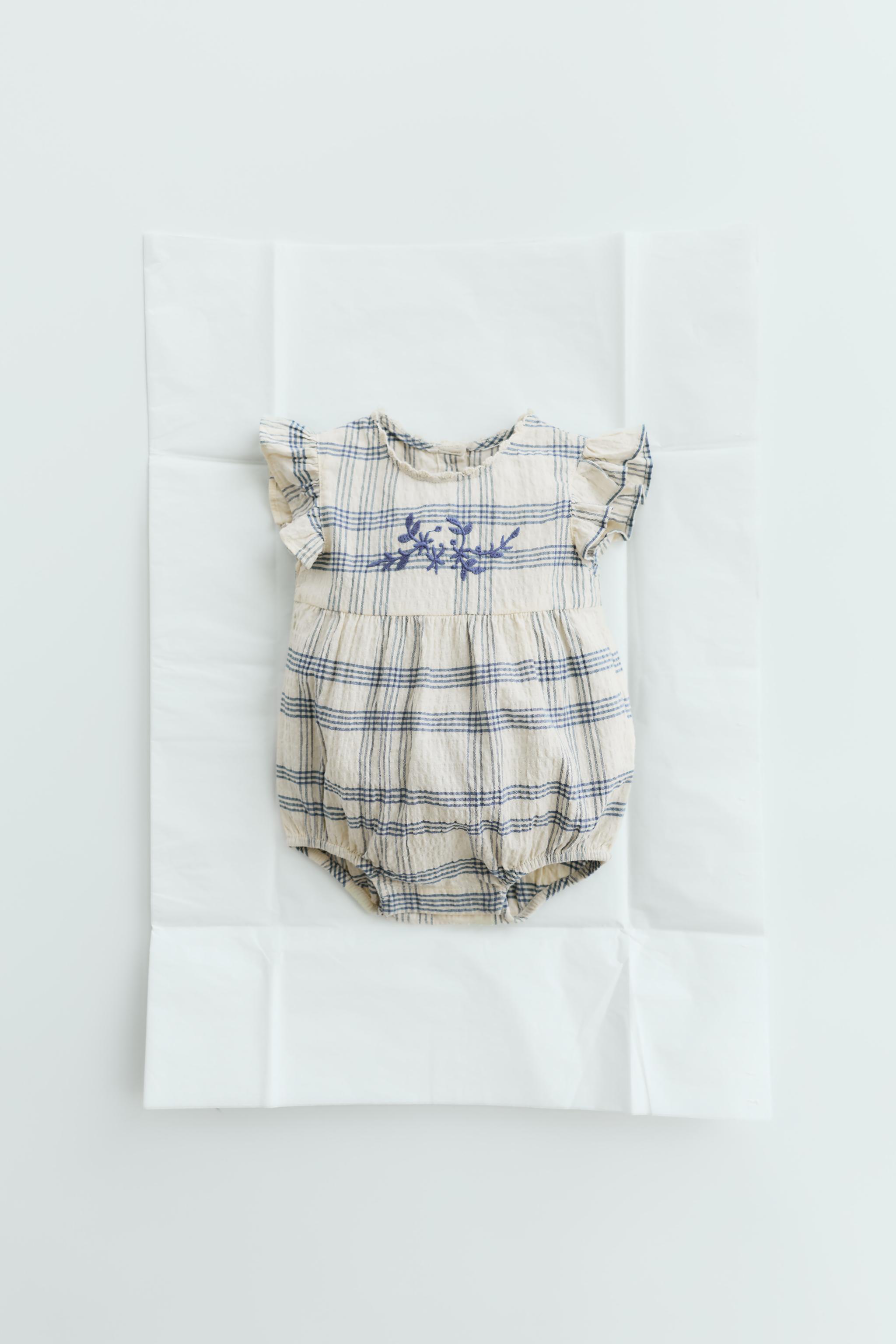 EMBROIDERED CHECKED ROMPER — Ecru / Blue