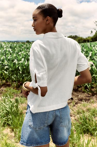 ラミーリボン付きショートスリーブシャツホワイトZaraのラミーリボン付きショートスリーブシャツ - ホワイト