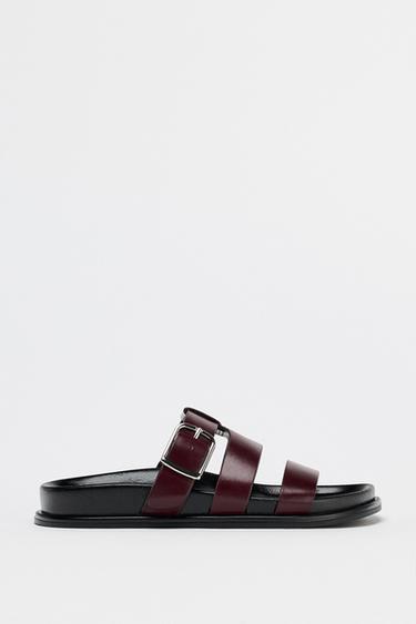 Zara FLAT SANDALS WITH LEATHER STRAPS - Burgundy Red - Image 0