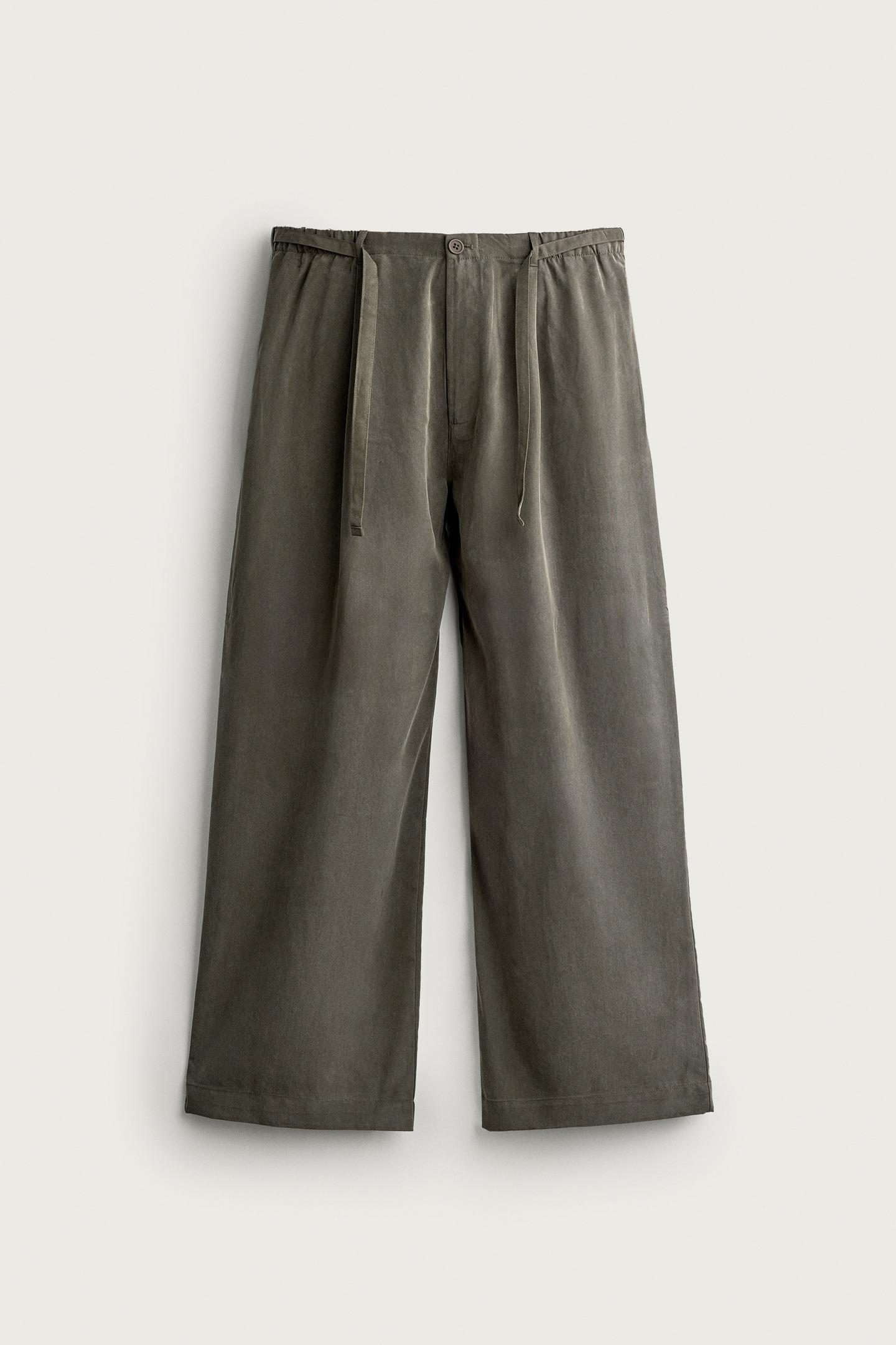 Мужские брюки Zara Relaxed-Fit Flowy, цвет: Тёмный хаки — фото 7