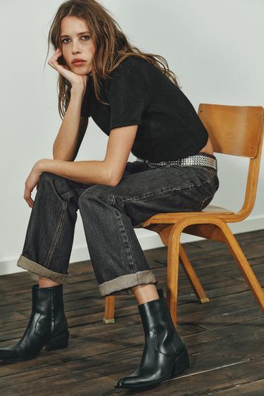 LEATHER COWBOY ANKLE BOOTS WITH TOPSTITCHING - Black by Zara