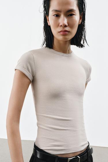 Zara RUSTIC LINEN T-SHIRT - Stone