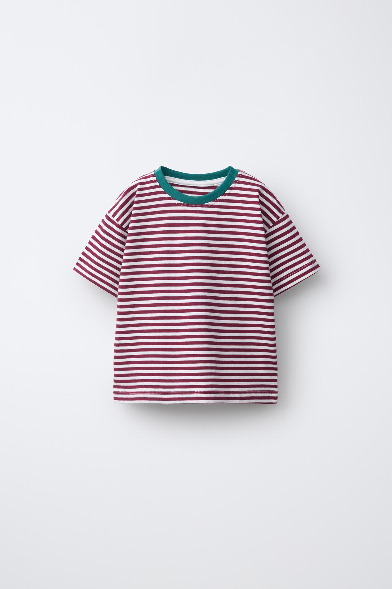 STRIPED CONTRAST NECK T-SHIRT — White / Maroon