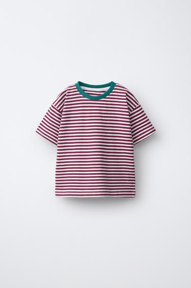 CAMISETA RAYAS CUELLO CONTRASTE - Blanco / Granate de Zara