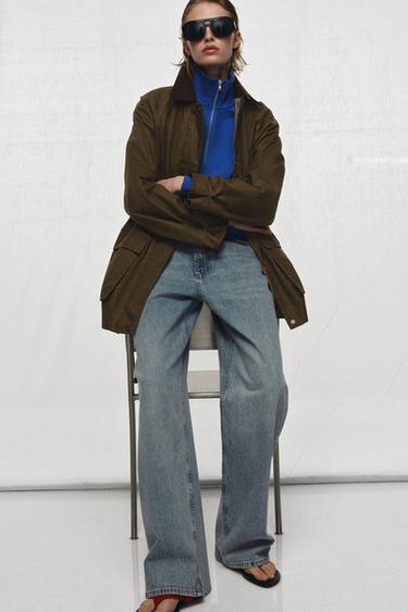 Zara WAXED JACKET WITH CORDUROY COLLAR ZW COLLECTION - Olive green