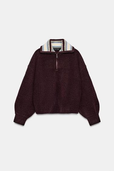 CONTRAST COLLAR KNIT JUMPER - Burgundy by Zara - Image 0