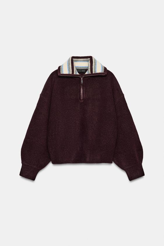 CONTRAST COLLAR KNIT JUMPER - Burgundy by Zara - Image 0