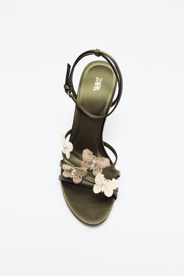 SATIN-EFFECT SANDALS WITH APPLIQUÉS - Khaki Green by Zara