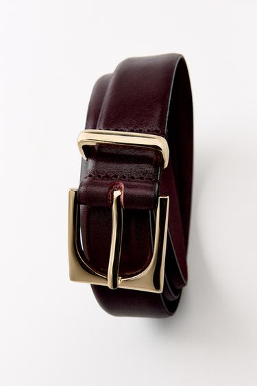 LEATHER BELT WITH GEOMETRIC BUCKLE - Burgundy by Zara