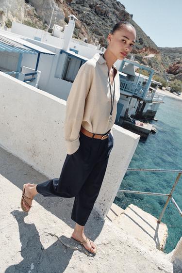 Zara LINEN PANTS WITH BELT AND PLEATS - Navy blue