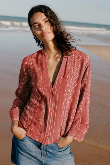 CAMISA BORDADOS CONTRASTE - Teja de Zara