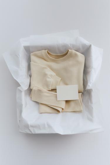 Zara RIBBED LEGGING AND BOW SWEATSHIRT JOGGING SET - Ecru/Yellow