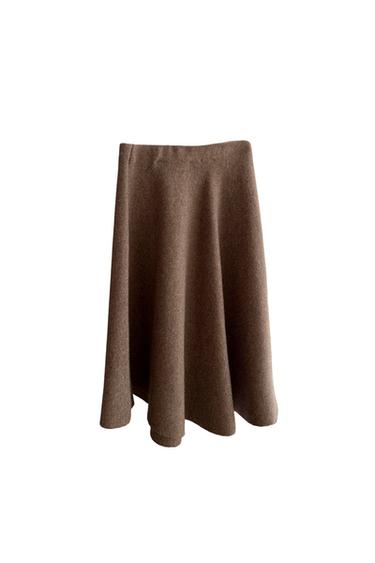 Brown wool skirt with a flared cut, photographed on a white background.