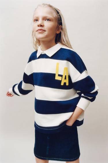 Zara STRIPED CROPPED POLO SWEATSHIRT - Blue