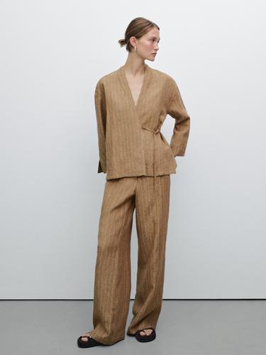 Zara 100% linen striped flowing trousers - Dark mink - Image 0
