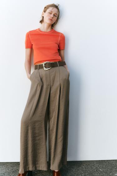 Zara SATIN WIDE-LEG BELTED PANTS - Brown / Taupe - Image 0