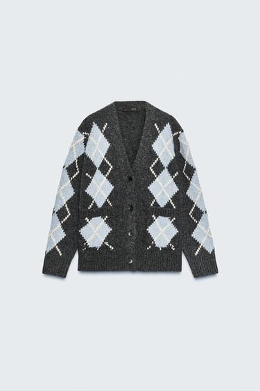 جاكيت 100% صوف معينات - رمادي / أزرق الخاص بـ Zara