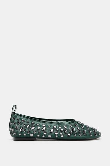 SPARKLY MESH BALLET FLATS - Green by Zara