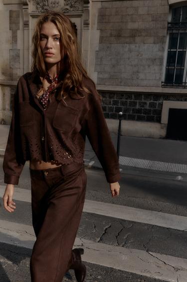 Zara DIE-CUT HEM FAUX SUEDE JACKET - Brown