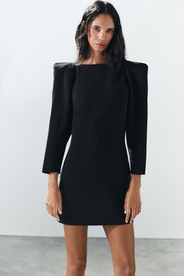 SHOULDER-PAD MINI DRESS — Black 1