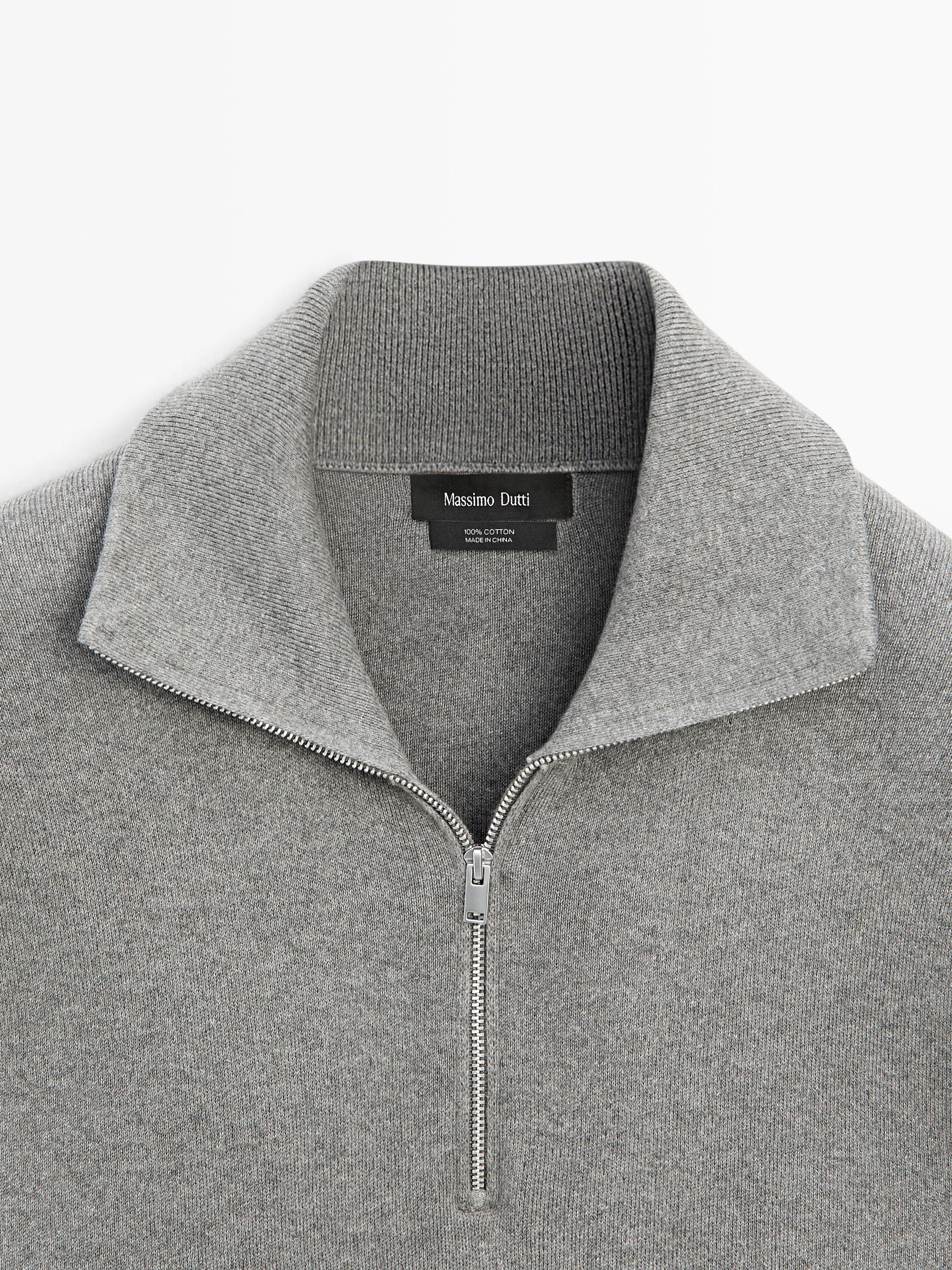 Cotton mock neck knit sweater with zip