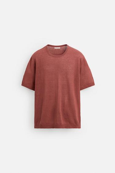 T-SHIRT EN MAILLE 100 % LIN - Rouge moyen de Zara - Image 6